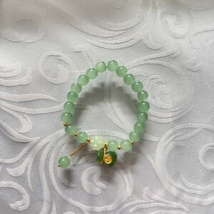 Gold & Jade Color Glass Beaded Asian Chinese Money Bag Lucky Clover Bracelet